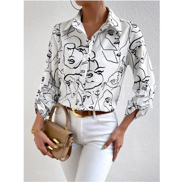 Abstract Face Print White Button Up Down Shirt Chest Pocket Long Sleeve - Picture 2 of 8